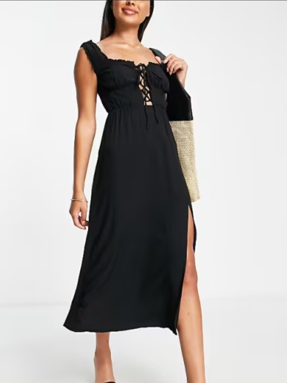 Womens Maxi Dress 10 Black Cotton Tie Front Smocked Back Slit NWT Lace Up Fall